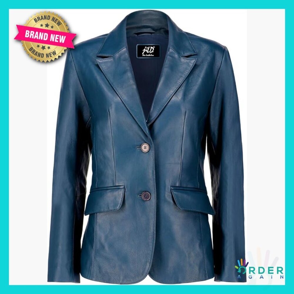 Lambskin Leather Blazer Classic Notch Lapel Two Button Casual Coat Jacket